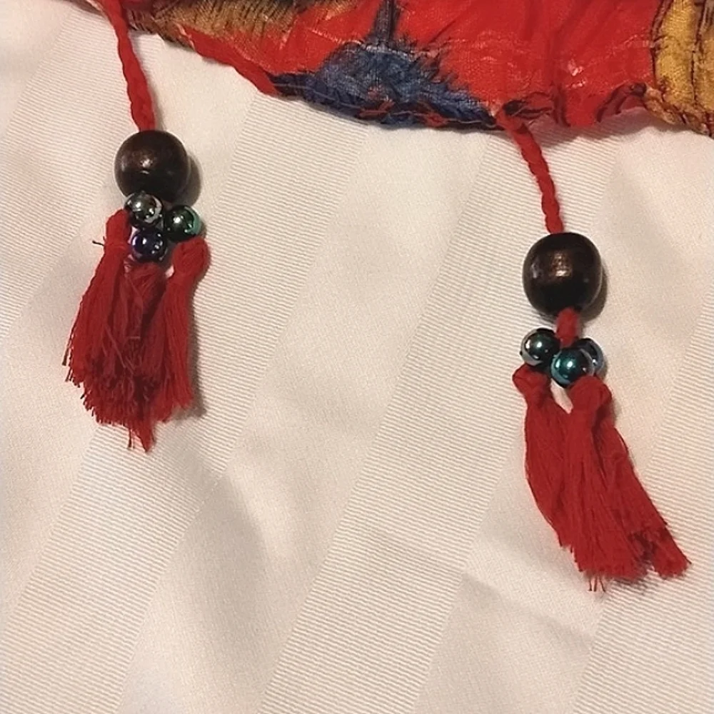 Pretty Angel Linen Red/Mult Color Fashion Scarf With Beads, NWT